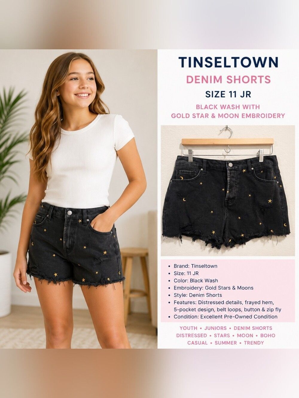 Tinseltown Black Denim Shorts Size 11 Juniors Gold Star Moon Embroidered Distres